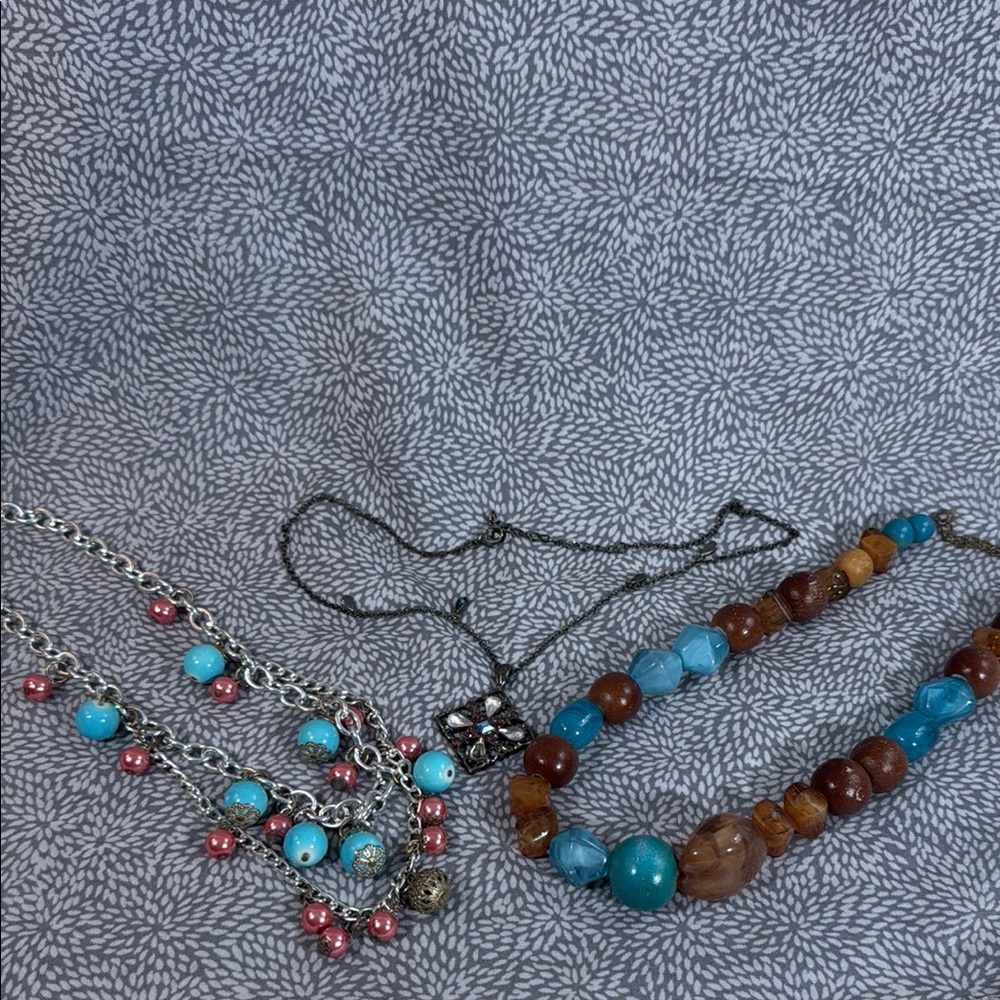 Bundle of 3 Elegant Beaded Necklaces in Turquoise and Brown
